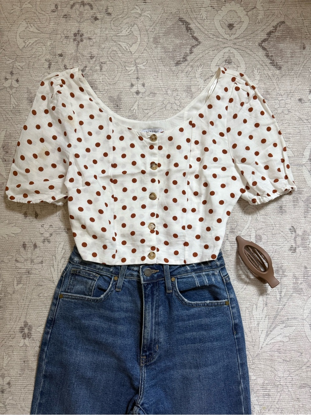 Crescent White Crop Button-Front Top with Brown Polka Dots